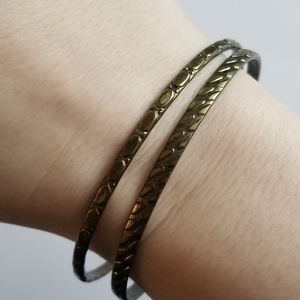 Two bracelets boho style vintage skinny bangle dark gold tone metal
